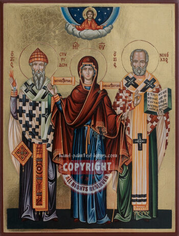The Virgin Mary Saint Spyridon and Saint Nicholas- hand-painted orthodox icon 28x21cm